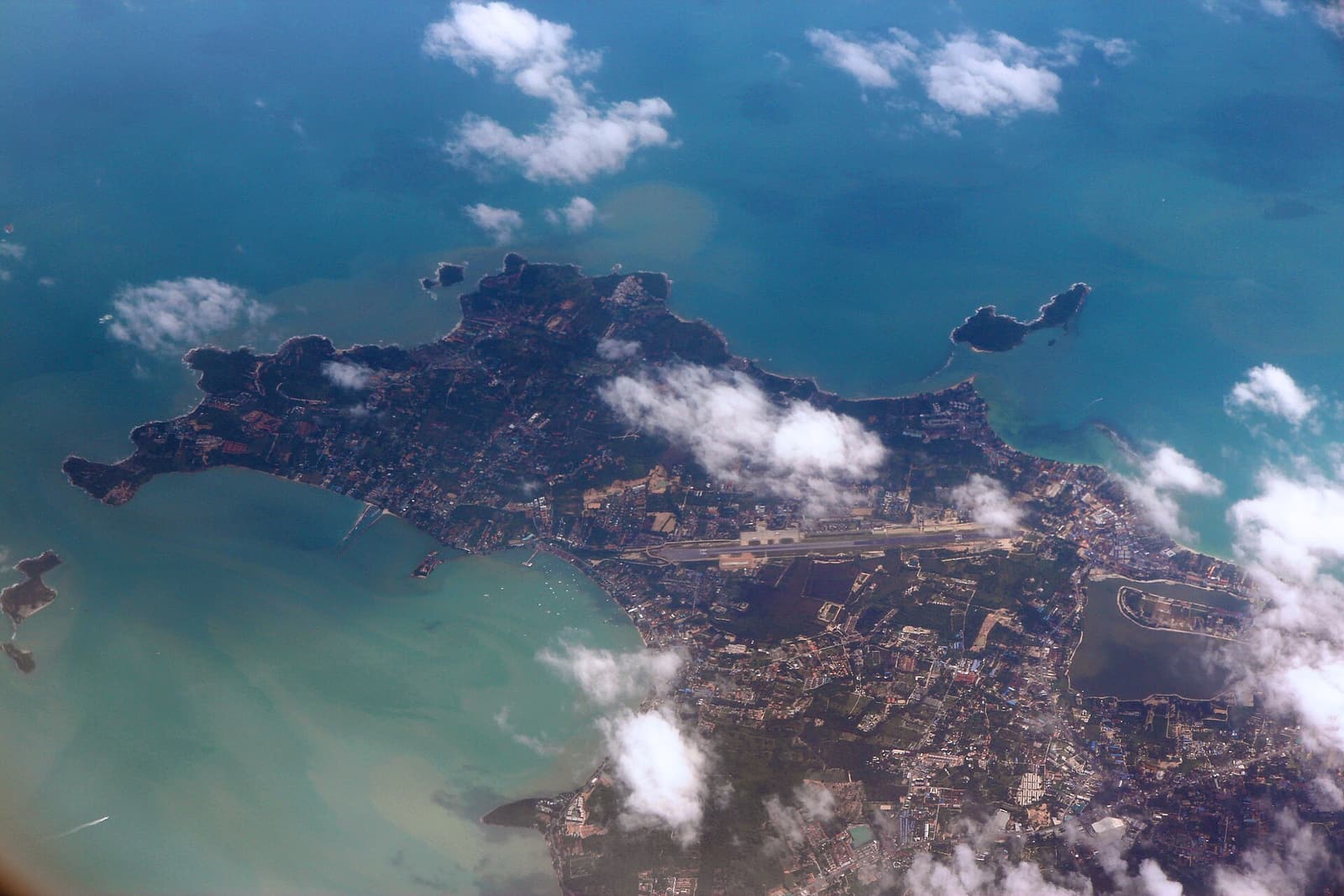 Aerial view of Bophut, the north coast and the airport runway on Koh Samui